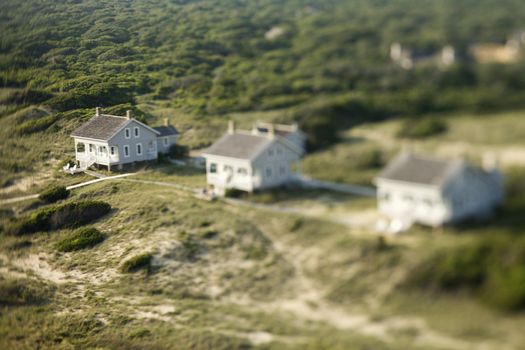 Selective focus aerial of beach cottages in Bald Head Island, North Carolina.