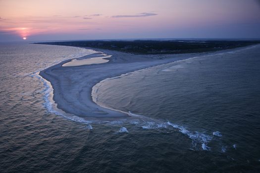 Aerial of east coast island beach of Bald Head Island, North Carolina.