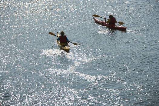 Aerial of two teenage boys kayaking on Bald Head Island, North Carolina.