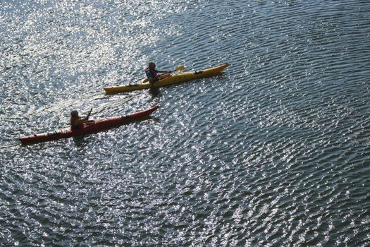 Aerial of two teenage boys kayaking on Bald Head Island, North Carolina.