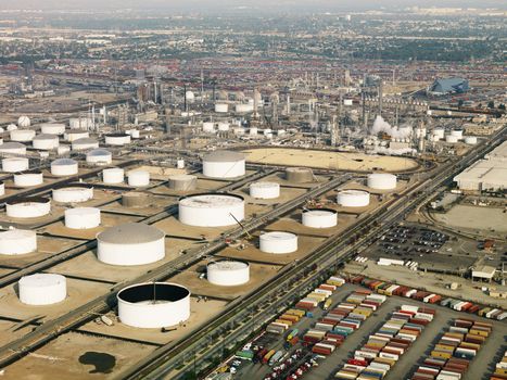 Aerial view of liquid storage tanks in Los Angeles California oil refinery.