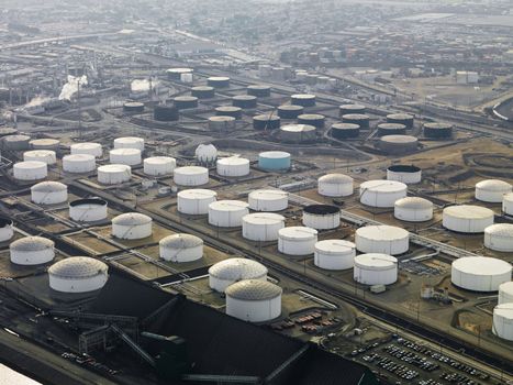 Aerial view of liquid storage tanks in Los Angeles California oil refinery.