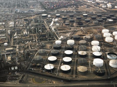 Aerial view of liquid storage tanks in Los Angeles California oil refinery.