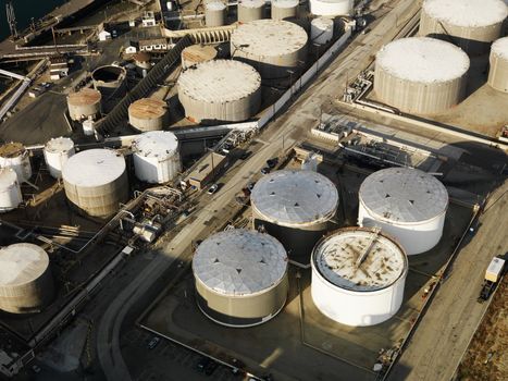 Aerial view of liquid storage tanks in Los Angeles California oil refinery.