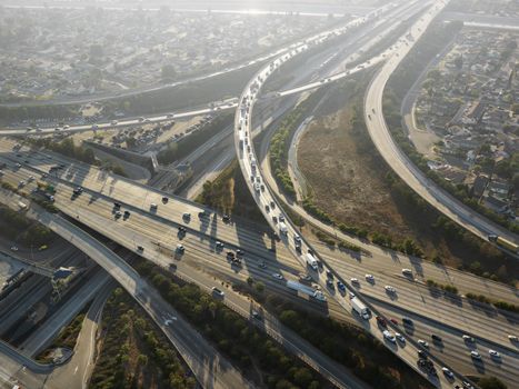 Aerial view of complex highway interchange in Los Angeles California.