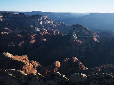 Aerial view of red rock formations in Sedona, Arizona.