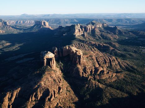 Aerial view of red rock formations in Sedona, Arizona.