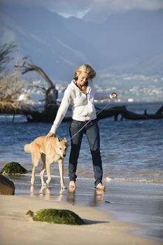 Caucasian woman walking brown dog on leash on Maui, Hawaii beach.