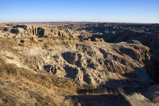 Overview of landscape in Badlands National Park, South Dakota.