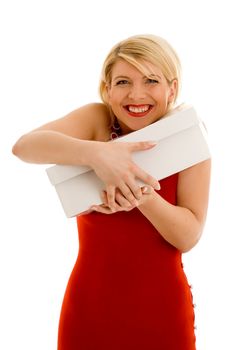 Happy thankful girl in red dress holding white box