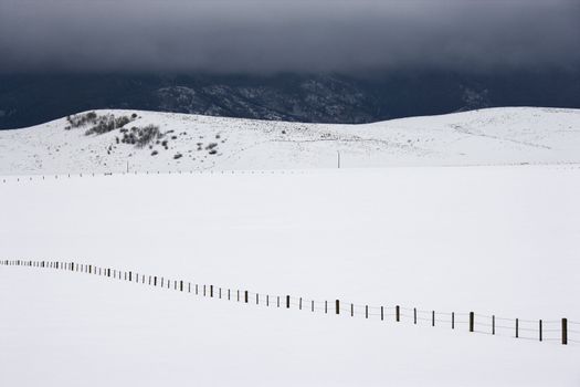 Snow covered field with barbed wire fence in rural mountainous Colorado.