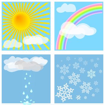 Four different weather-types illustrated in delightful colors. This illustration is easy to divide into four seperate squares to combine as you like. If you want an even better quality (more pixels) each of the four pictures can also be bought separately in my portfolio.