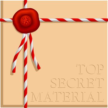 Retro style illustration from an archieve: Filed and sealed documents or records in brown paper wrapping with an oldfashioned wax seal and authentic looking document string spun of red and white thread, and the text "Top Secret Material" embossed in the surface of the brown paper. It is very easy to remove the words and replace it with your own message if you want another text. The free space left after removal of the embossed words can be used for your photo or illustration as well as for an alternative text.