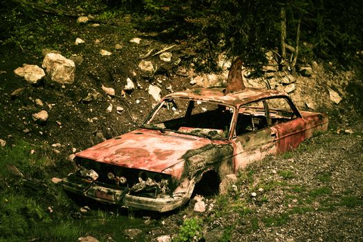 Creative photo of old rusty car in forest after accident
