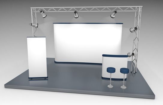 Blank trade exhibition stand with screen, counter, roll-up banner and lights
