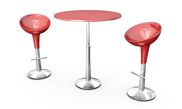 Modern bar table with two chairs on white background. 3D rendered image.
