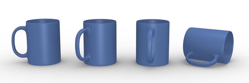 Set of blue mugs in various viewing perspectives. 3D rendered illustration.
