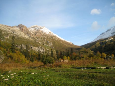 Mountains, caucasus, rocks, a relief, a landscape, wood, the nature, a panorama, a landscape, a ridge, top, breed, the sky, reserve, a pattern, a background, a kind, a structure, trees, a slope, peak, beauty, bright, a file, clouds, snow, a glacier, greens, pass