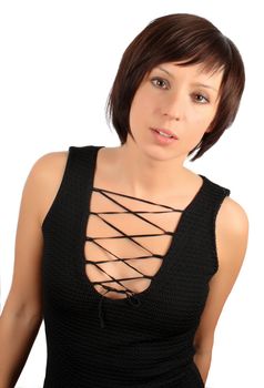 dark haired girl in black dress isolated over white