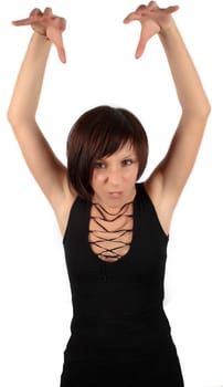 dark haired girl in black dress isolated over white