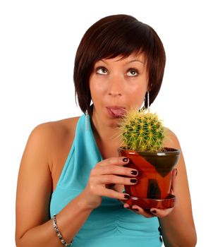 young girl licking the cactus in flowerpot isolated