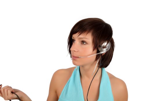 young girl with head phones isolated over white