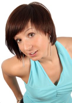 young girl in blue T-shirt isolated over white