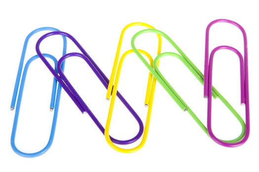 five colorful paperclips on a white background
