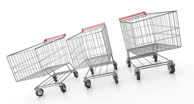 Three shopping carts. 3D rendered image.
