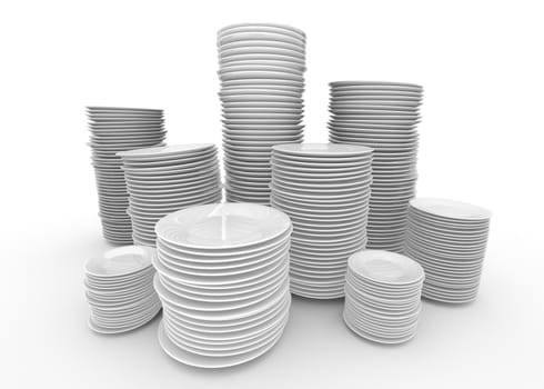 Stacks of white plates; 3D rendered image.
