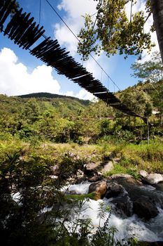 A tropical mountain stream with hanging bridge