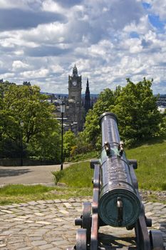 Commemorative cannon atop Calton Hill in Edinburgh, Scotland