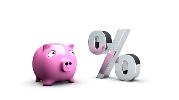 Rendering of a pink piggybank looking to a percent sign