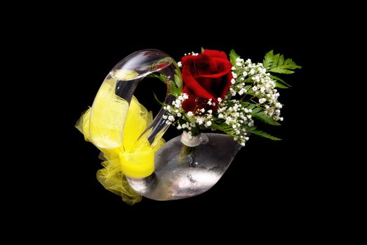 A single red rose in a glass swan, isolated on a black background with a reflection