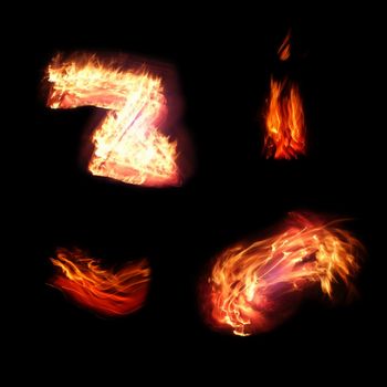 Various flames against black background.