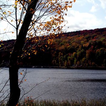 Small town of Ludlow Vermont during foliage season