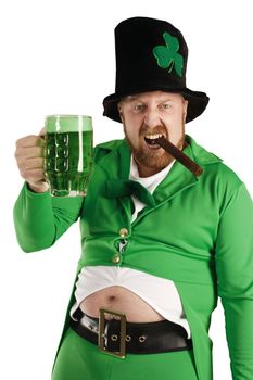 An image of a Leprechaun drinking green beer on St. Patricks Day.