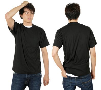 Young male with blank black t-shirt, front and back. Ready for your design or logo.