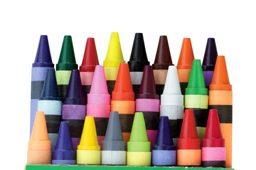 Three rows of wax crayons in a box with clipping path included. Shallow DOF.