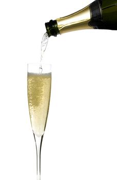 filling a glass cup with champagne wine isolated on withe background