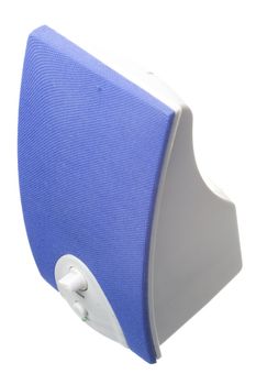 detail of a blue bass speaker with power and volume controls