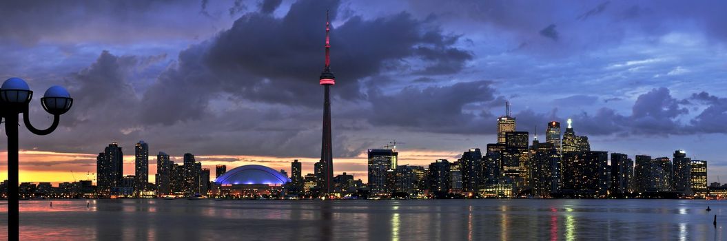 Scenic view at Toronto city waterfront skyline at sunset