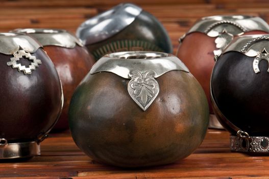 Close up of calabash cups for mate. Mate is a traditional drink very similar to tea in Argentina, Uruguay, Paraguay and some parts of Brazil.