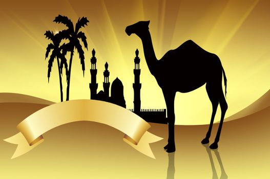 Decorative backgrouns with silhoette camel and golden banner for text