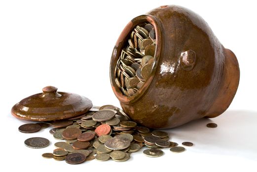 Clay pot with antique coins and lid on the white background