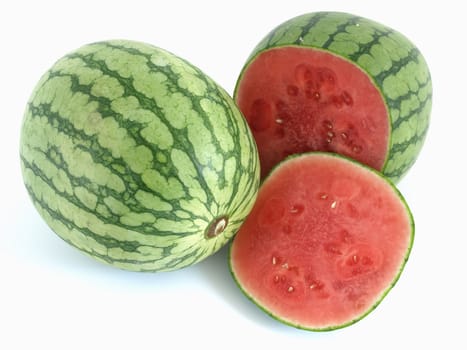Juicy ripe cut watermelon with a whole melon studio isolated over a white background.
