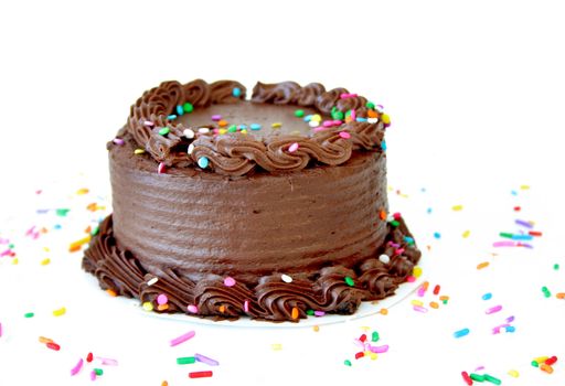 Chocolate birthday cake with sprinkles on a white background with copyspace.