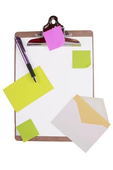 Clipboard with sticky notes and cards isolated on white. Office supplies