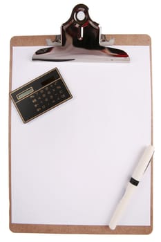 Clipboard with paper, pen and calculator