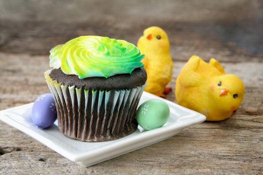 Single cupcake on a plate with Spring surroundings.